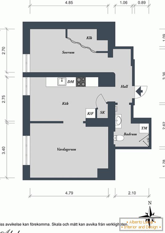 План на еднособен стан во Шведска