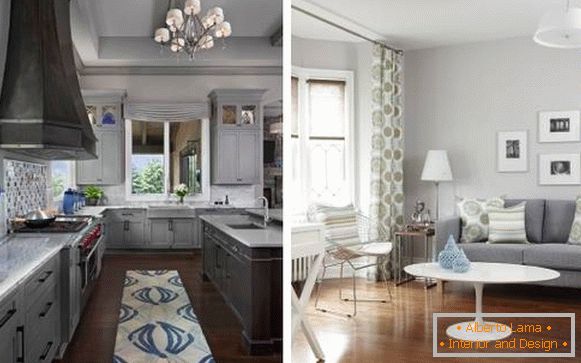 Сива боја во внатрешноста на кујната и дневната соба - избор на фотографии