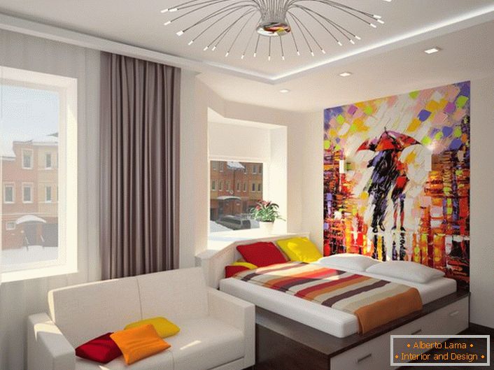 Креативен дизајн на спалната соба во стилот на Арт Нову. Употребата на светли сочни бои ја прави собата навистина пријатна и топла.