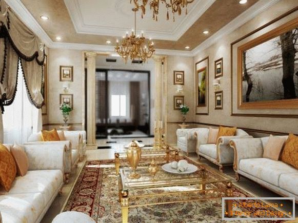 Дневна соба со лустери и декорација со златна боја