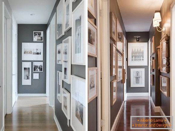 Дизајн на тесен коридор во станот со фотографии и слики на ѕидовите