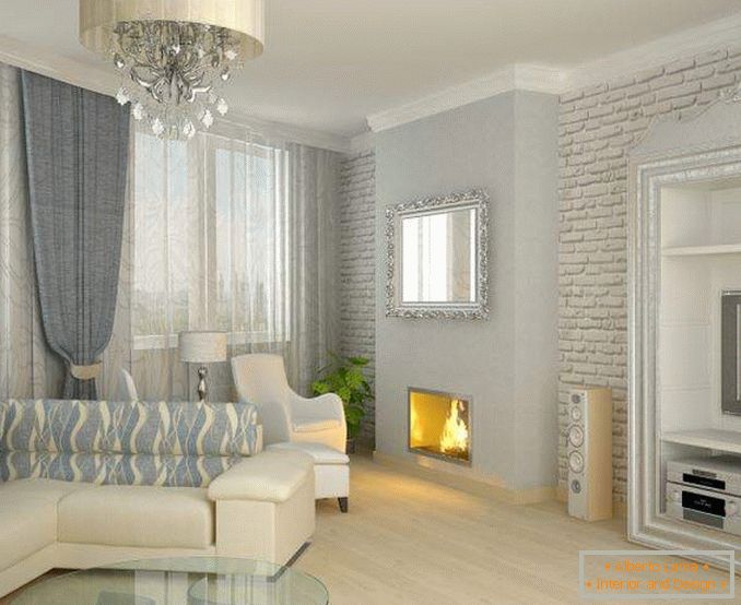 Класичен дизајн на салата со камин во приватна куќа