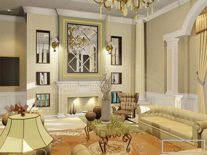 Внатрешен дизајн на дневната соба во приватна куќа во класичен стил