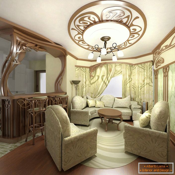 Исклучителен мебел за мала дневна соба во стилот на Арт Нову во градски стан во Москва.