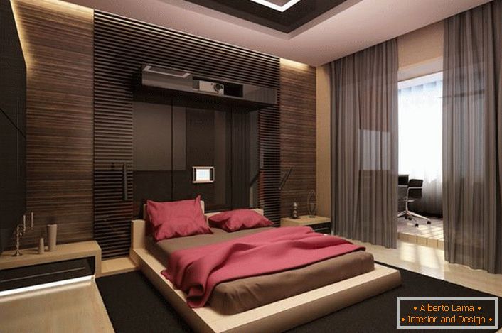 Пространа спална соба во стилот на минимализмот. Задебелен дизајн одлука.