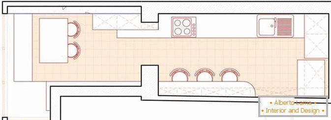 Изгледот на долгата тесна кујна со балкон