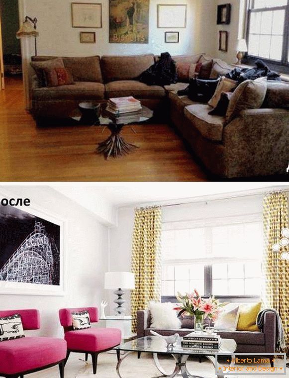 Како да организирате мебел во дневната соба - фотографии пред и после реконструкцијата