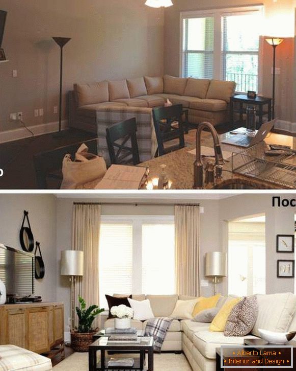 Варијанти на уредување на мебел во сала за цртање на слика пред и потоа