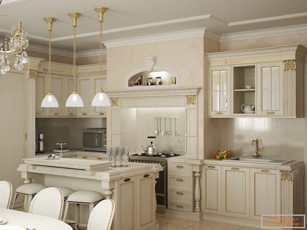 Бела кујна со позлатена фасадна декорација