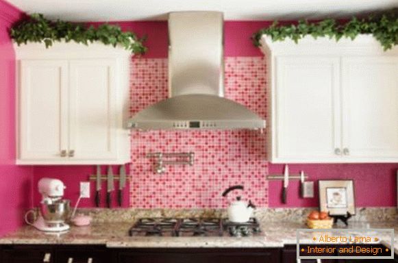 Розова ѕидови и црно-бело мебел во кујната