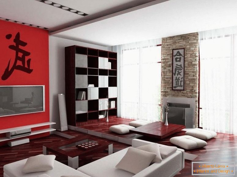 Пространа дневна соба со црвени и бели бои