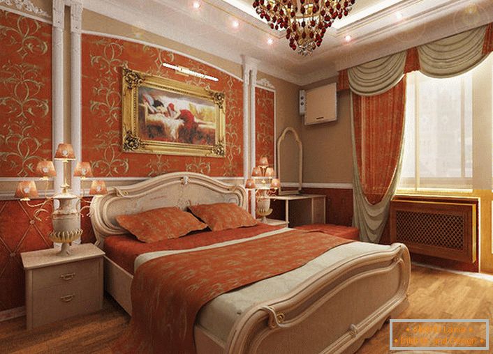 Спална соба во стил на империја за млада дама. Светла корална боја во комбинација со златна шема го прави дизајнот навистина ексклузивен и стилски.