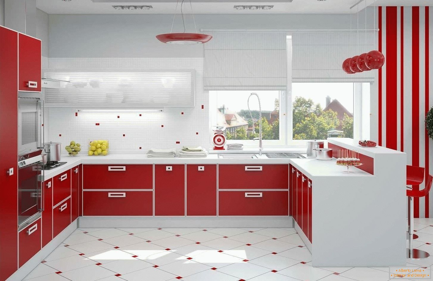 Црвена и бела внатрешна кујна