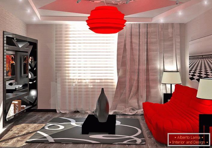 Лустерот во стилот на хај-тек светла црвена боја одекнува со правилно избраниот мебел.