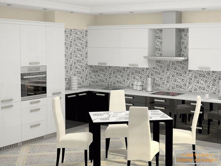 А бело-црна кујната поставена во високо-технолошки стил со вградени апарати изгледа органски во целокупниот концепт на дизајн идеја. 