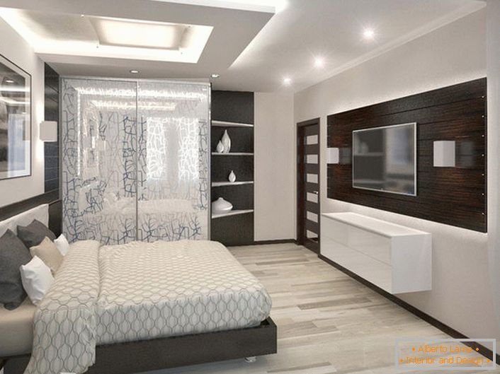 Светла, пространа спална соба во хај-тек стил. Правилно одговара мебел органски се комбинира со елементи на декорација.