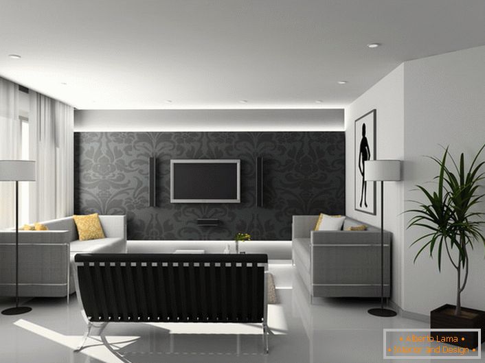 Во дизајнот на соби за гости во hi-tech стил, се користат претежно строги геометриски форми и нијанси на сива боја.