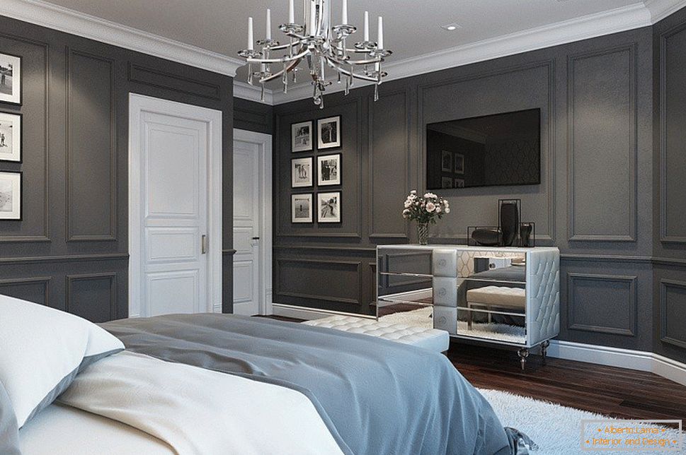 Насликани лајсни во спална соба со сиви ѕидови