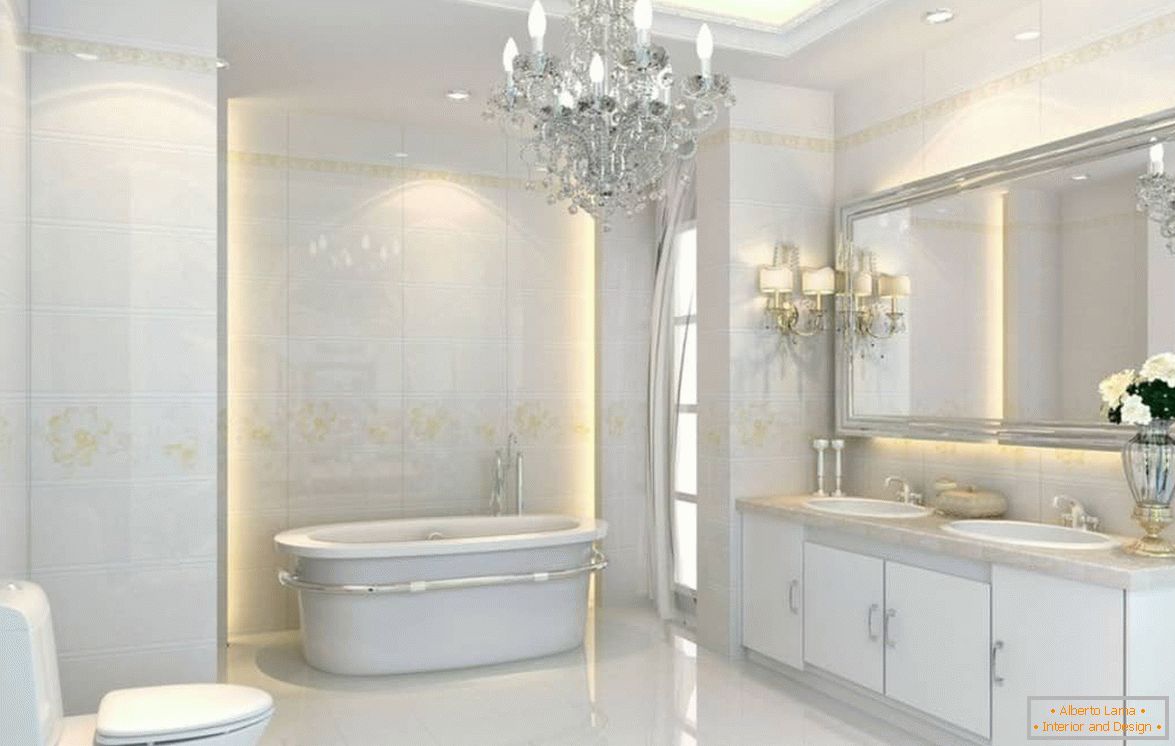 Дизајн на бања во бело во неокласичен стил