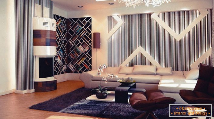 Пространа спална соба со карактеристики авангардни форми во внатрешноста, мебел и био-камина портал