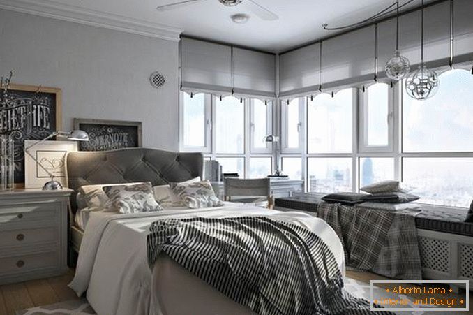 спална соба за внатрешен дизајн со фото агол од прозорец