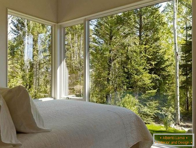 спална соба за внатрешен дизајн со фото агол од прозорец
