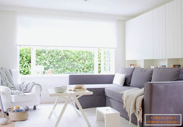 Комбинацијата на бели и сиви бои секогаш изгледа профитабилна, особено ако тоа е скандинавски стил. Дневна соба со меки мебел е пространа и светла.