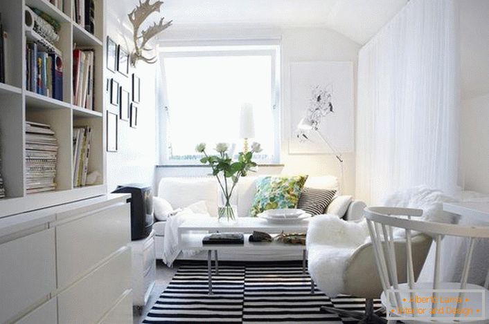 Класичната комбинација на црно-бело изгледа профитабилно во внатрешноста во скандинавскиот стил. Белата мебел ја прави дневната соба светла и пријатна.