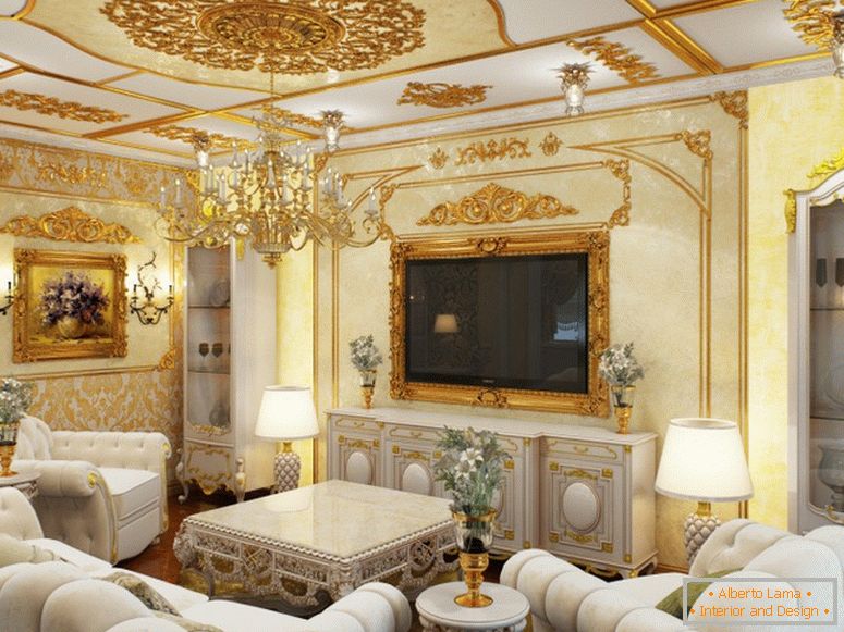 Гостинската соба е украсена во најдобрите традиции на барокен стил.
