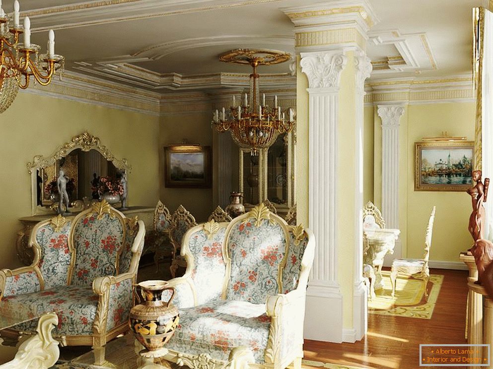 Исклучителен, луксузно исполнет барокен стил за гостинска соба. Точниот пример на осветлување за барокниот стил.
