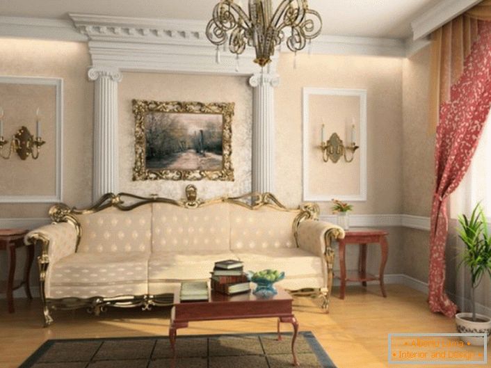 Во согласност со барањата на францускиот стил, гостинската соба е украсена со штуко-калапи.
