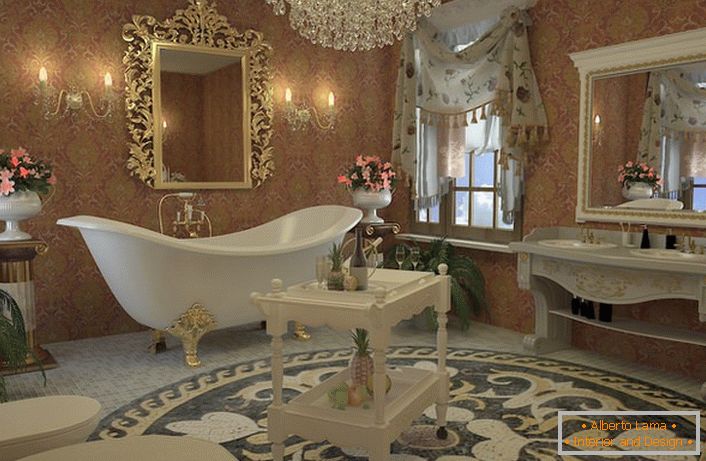 Дизајн проект за стилски бања во стил на империја. Исклучителна бања на четири шарени, златни нозе, огледало во изрезбана рамка, лустер направен од карпест кристал совршено се совпаѓа.