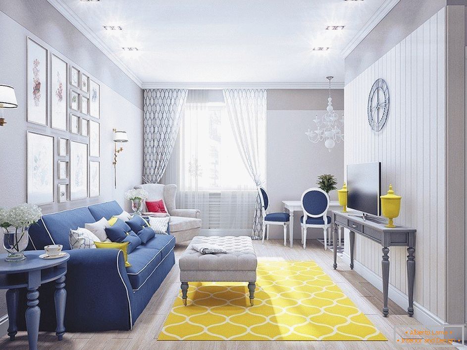 Сива дневна соба со жолт килим