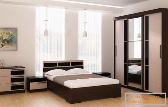 Модерен дизајн на гардеробите на купето во спалната соба - две бои и огледало