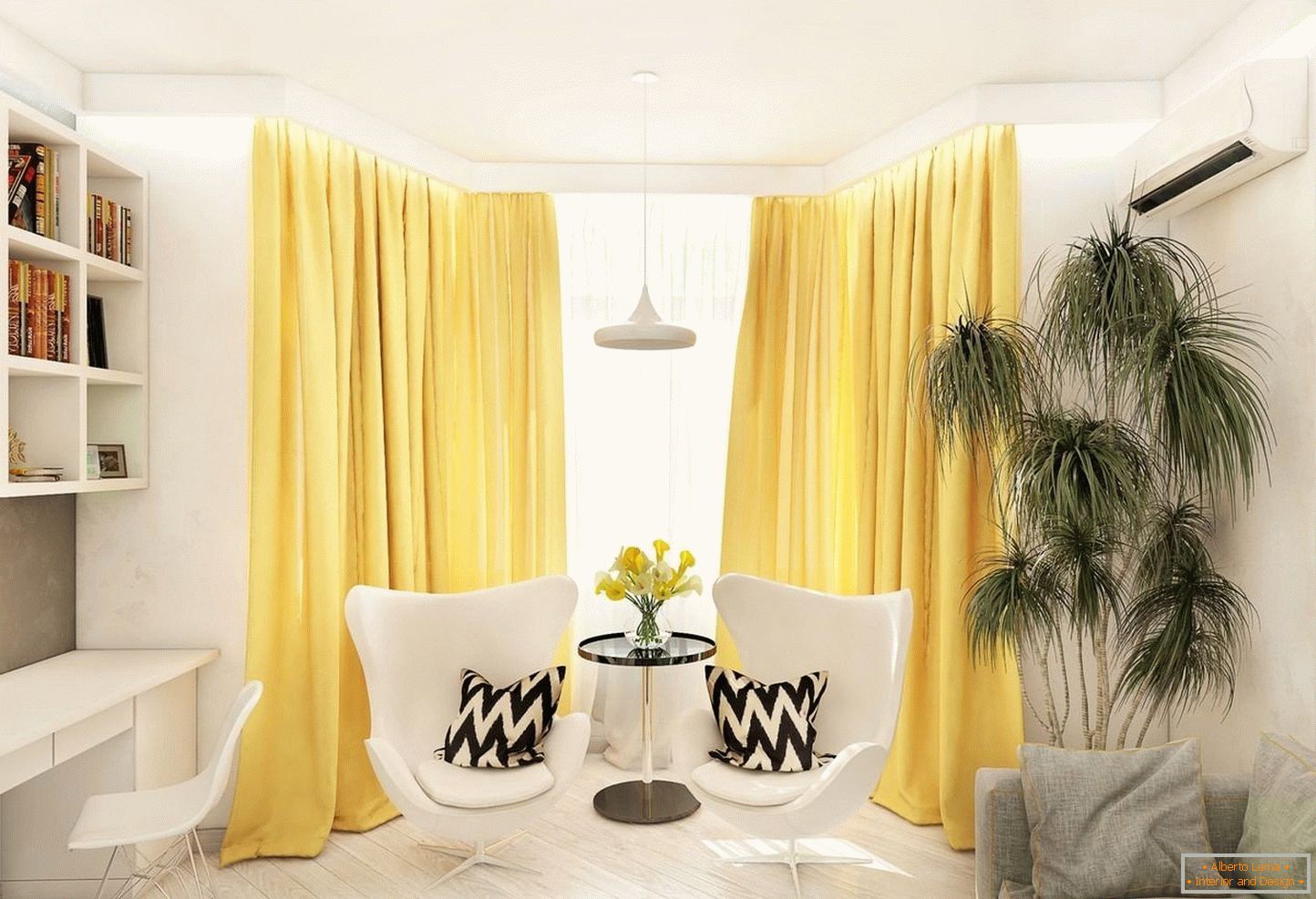 Жолта завеса во белата дневна соба