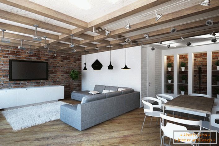 Дизајнот на студискиот стан во стилот на мансарда е познат по својата практичност. А минимумот на мебел ја прави просторијата пространа и светла.