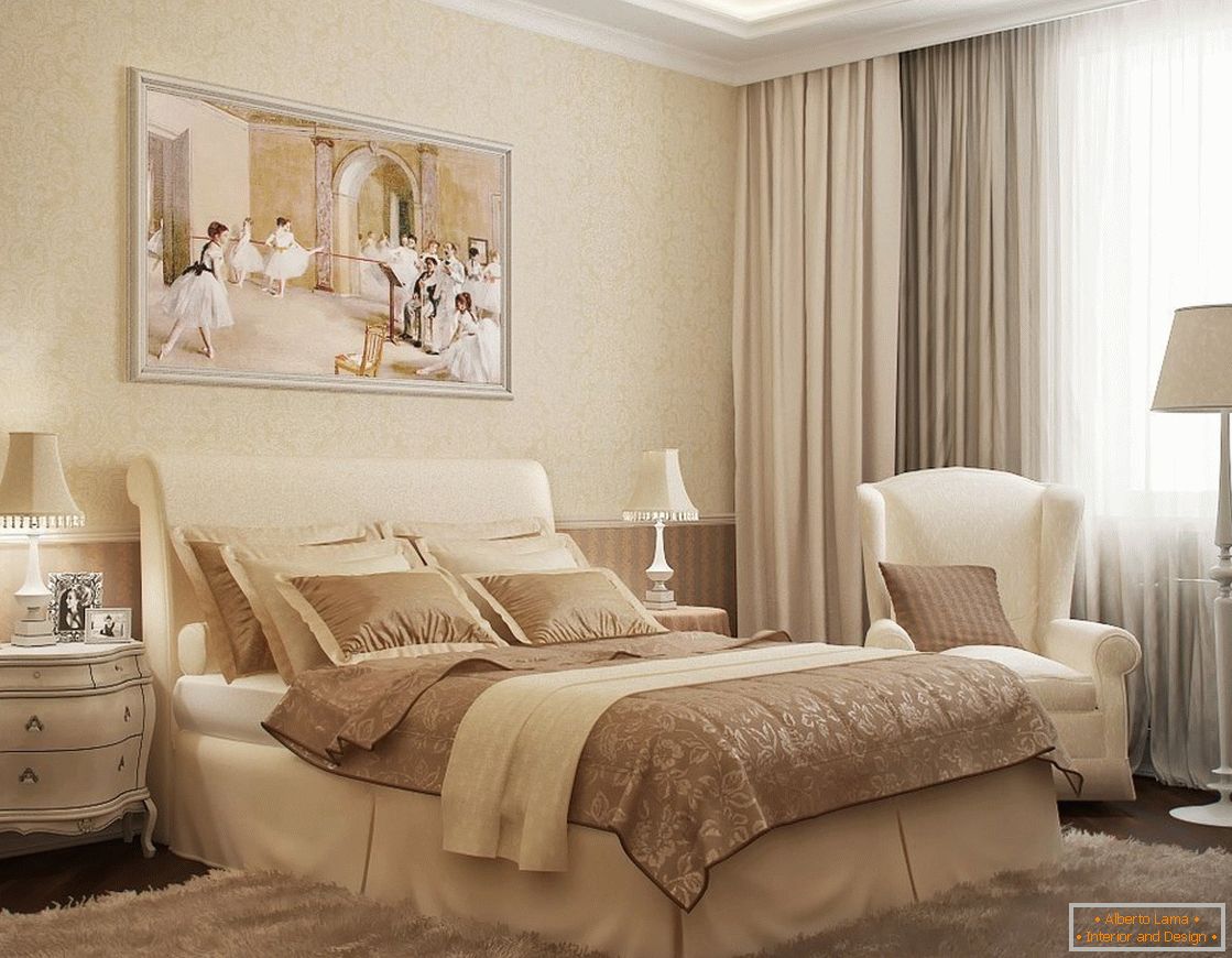 Спална соба во класичен стил в бежевых тонах