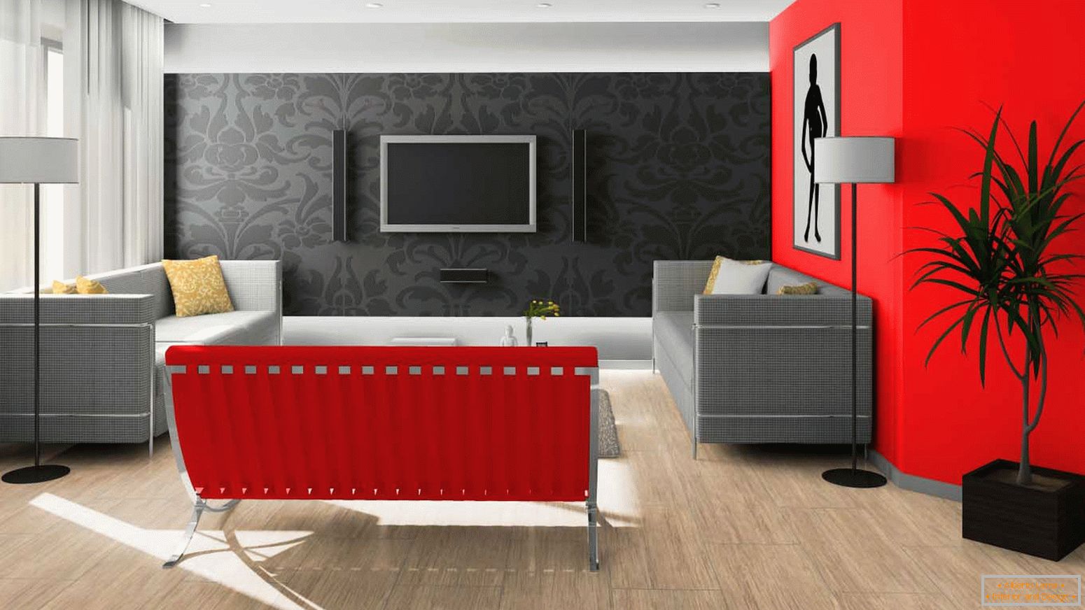Црна и црвена во дизајнот на дневната соба
