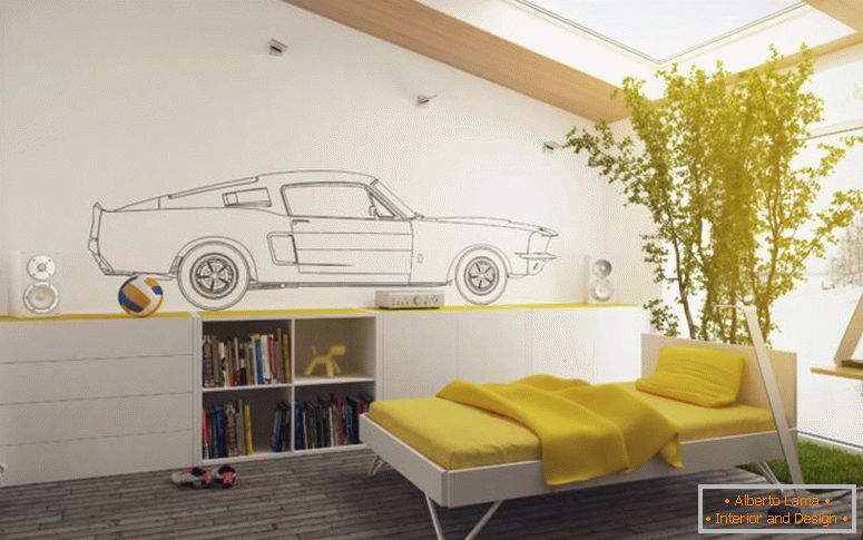 атрактивни-жолто-и-бело-деца-спална соба-декор-со-големи-кул-растенија-декорација-двоен кревет и дрвени-cabinetry-библиотека-на-кафена-дрвени предмети-подот-плус-големи- стаклен сончев-како-како-канцеларија-дизајн-ла