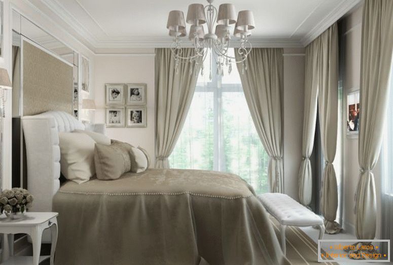 дизајн-класичен-спална соба-во-беж-тонови-со-три-прозорци