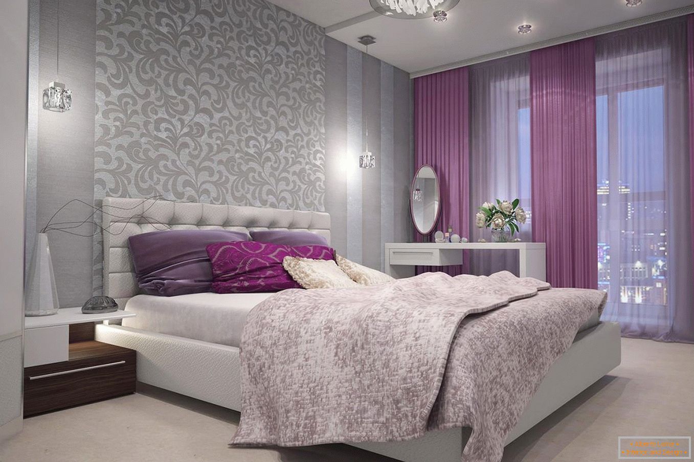 Виолетова завеси во спалната соба