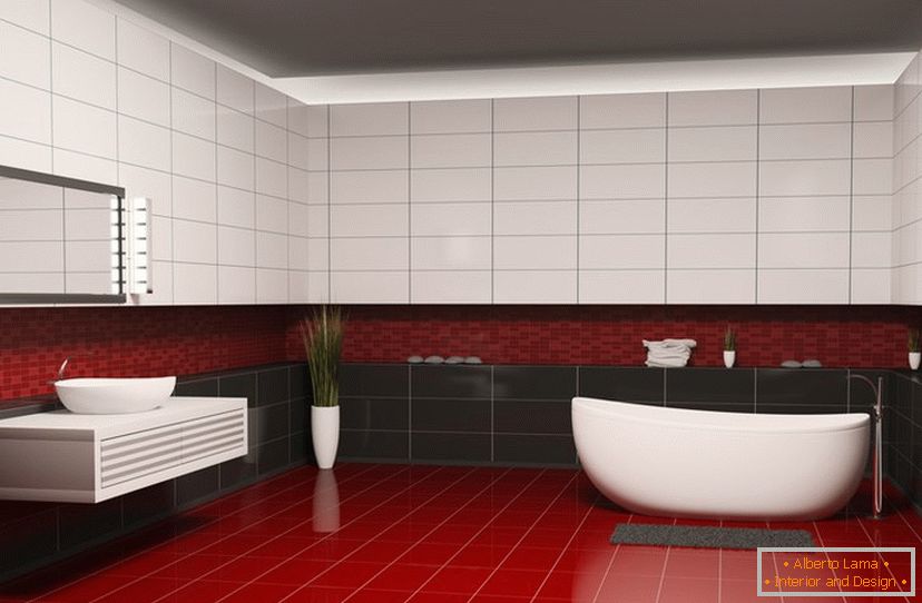 Црвени, црни и бели плочки во дизајнот на бања