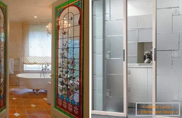 Невообичаени стаклени врати за бања со шема и текстура