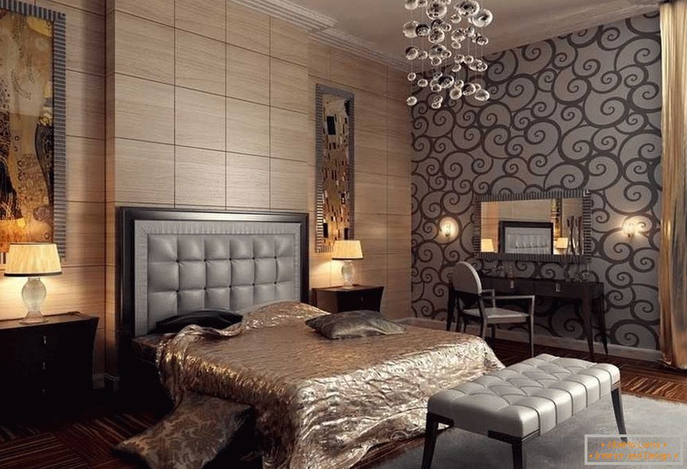 Спална соба со дрвени панели на ѕидот
