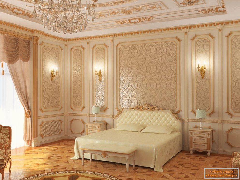 Белата таванот и спалните ѕидови со златни обрасци
