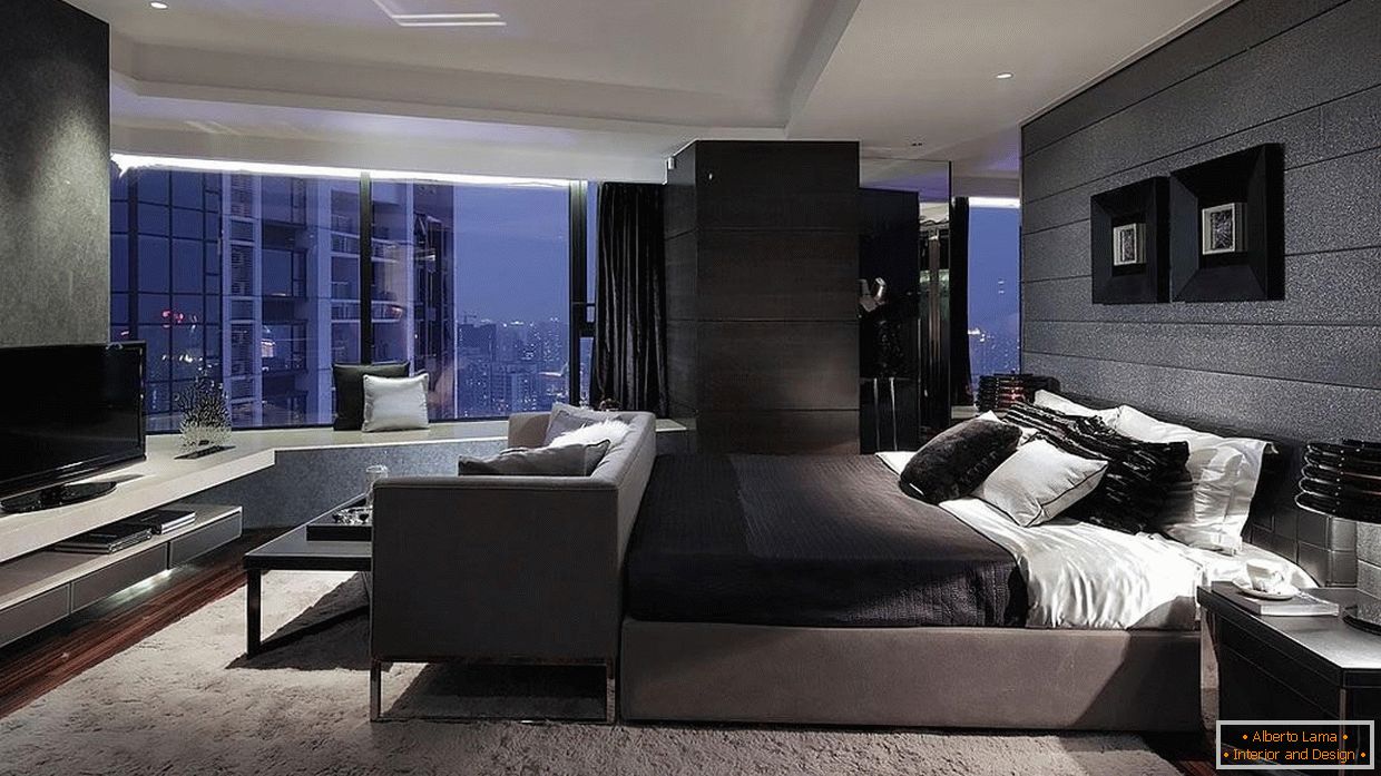High-tech стил во спална соба со панорамски прозорец