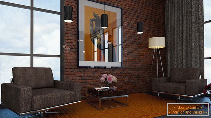 Дизајн проект за дневната соба во стил на мансарда. Одлична опција за урбани апартмани.