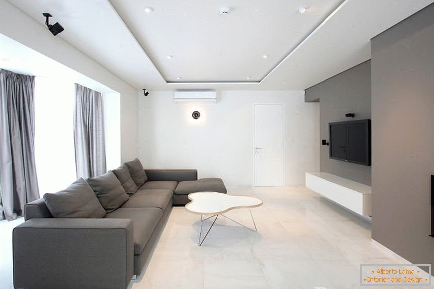 Асиметрична дневна соба во минималистички стил