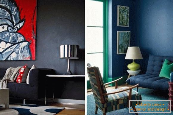 Темно сини ѕидови во дизајнот на дневната соба