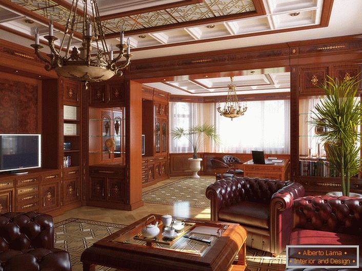 Дневната соба во англискиот стил е украсена главно со употреба на благородни дрва.